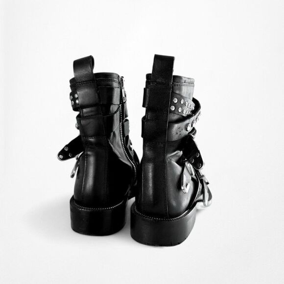 Mango Black Studded Ankle Round Toe Leather Combat Boots Size 6 - Picture 3 of 5